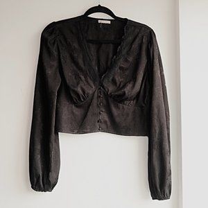 GB cropped jacquard satin-effect bishop sleeve pull-on blouse with lace trim